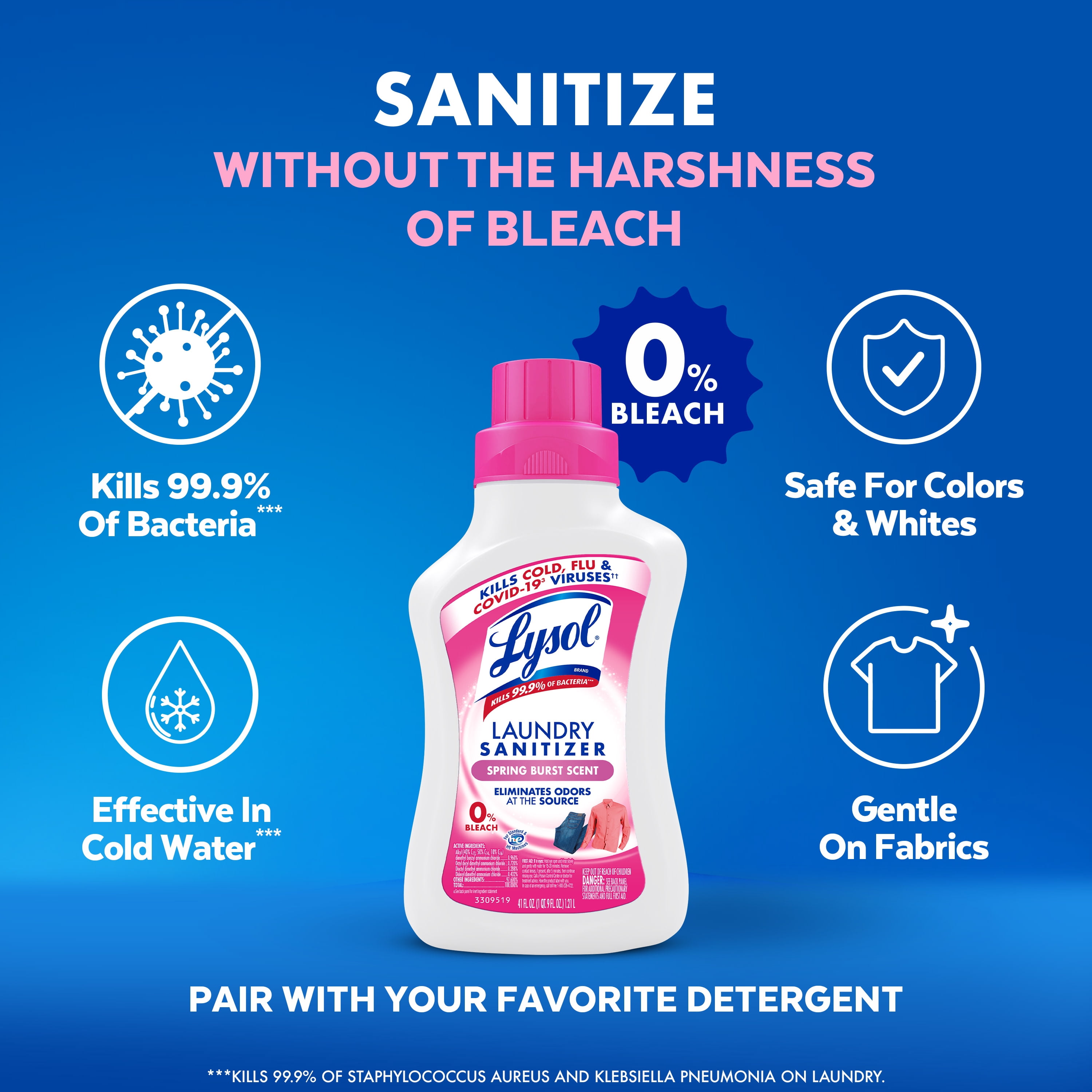 Lysol Laundry Sanitizer Additive, Sanitizing Liquid for Clothes and Linens, Spring Burst, 41 fl oz