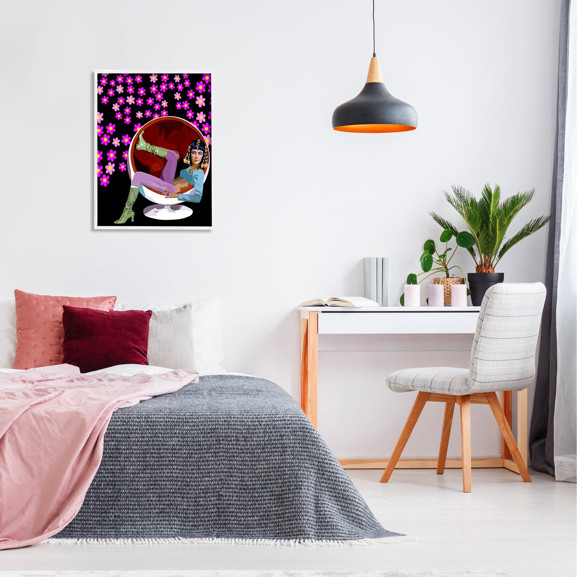 Stupell Industries Pink Daisy Flowers Actress Taylor Lounging Modern Chair Graphic Art White Framed Art Print Wall Art, 24x30, by Lynnda Rakos
