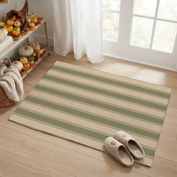 Rectangle Rug 2x3ft, Olive Green Beige Striped Soft Non-Slip Washable Felt Carpet Pad, Modern Minimalism Area Rugs for Living Room Bedroom Kids Room