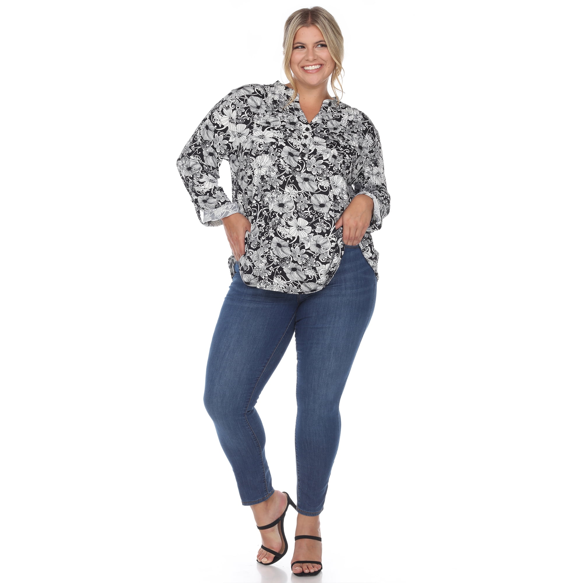 White Mark Women's Plus Size Pleated 3/4 Sleeve Floral Print Blouse