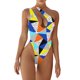 thumbnail image 1 of Traje de baño de una pieza para mujer, un solo hombro, cuello profundo, hermosos patrones, traje de baño de cintura alta tipo 3 M, 1 of 6