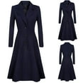 thumbnail image 2 of Olyvenn Women's Plus Waisted Swing Slim Fitted Woolen Long Trench Coat Long Sleeve Lapel Winter Warm Ladies Pleated Tweed Overcoat Female Outerwear Navy 10, 2 of 8