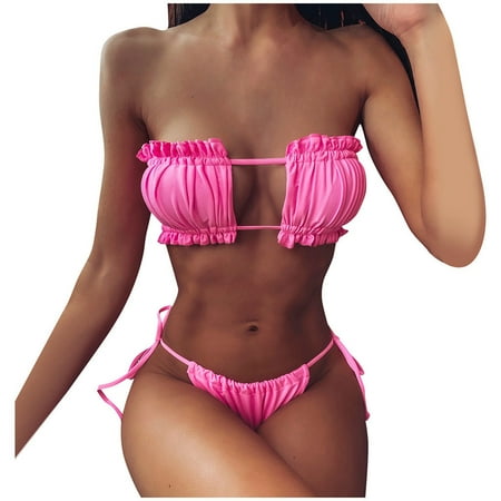 

VKEKIEO Two-Piece Sets Swimsuit Sport Bra Style Padded Pink L