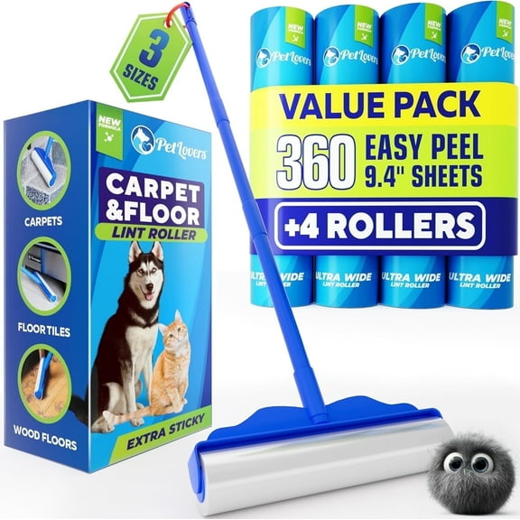 PetLovers Extra Sticky Floor Lint Roller for Pet Hair - 360 Total Sheets (4 Pack)