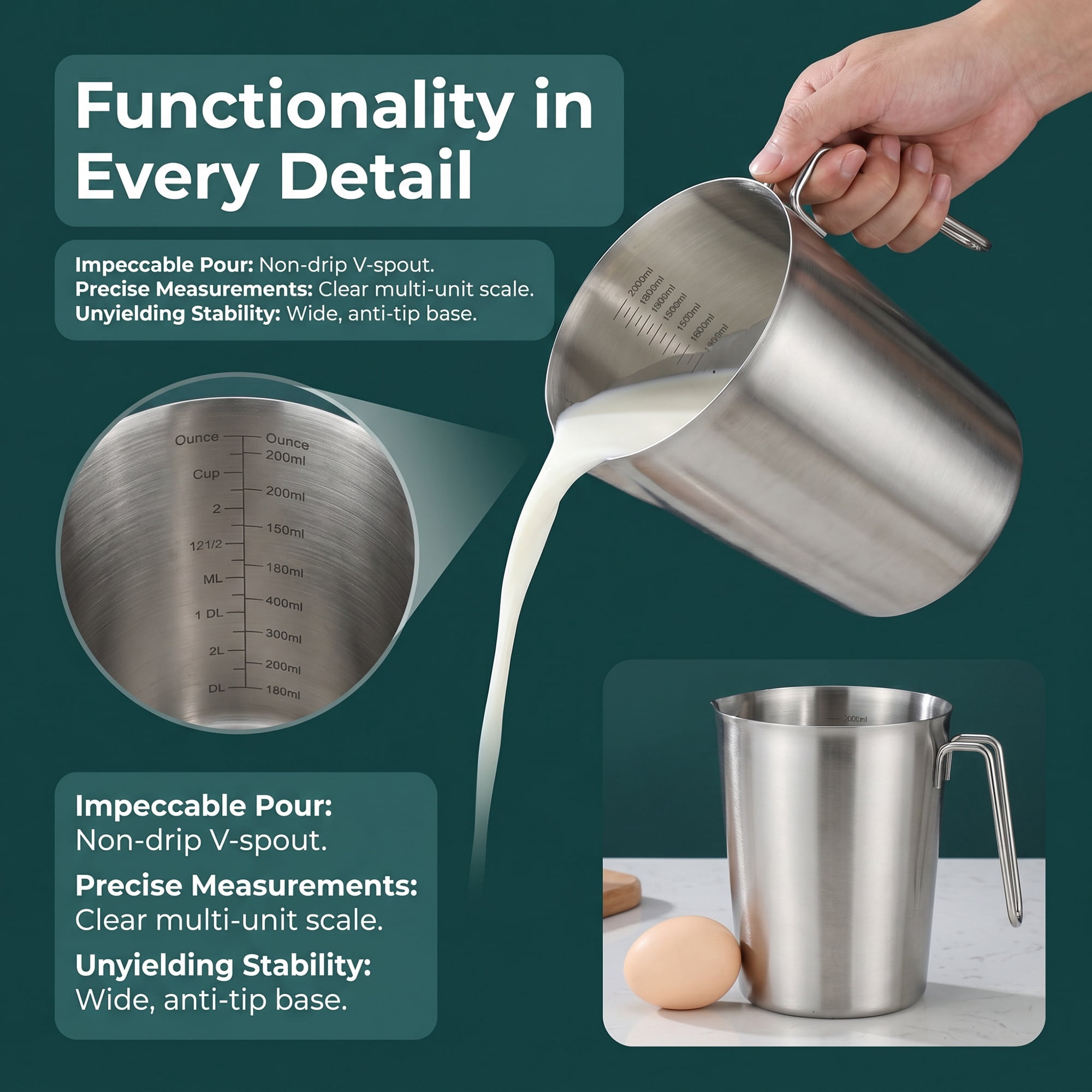 Unique Bargains Stainless Steel Measuring Cup for Kitchen Use Silver with Cover 2000ml