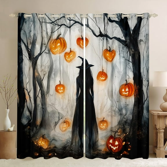 Manfei Magic Halloween Witch Black Out Curtains for Kids, Neon Orange Pumpkin Curtains Pack of 2 (42x63 Each), Spooky Jungle Bedroom Curtains, Window Curtains Room Decor