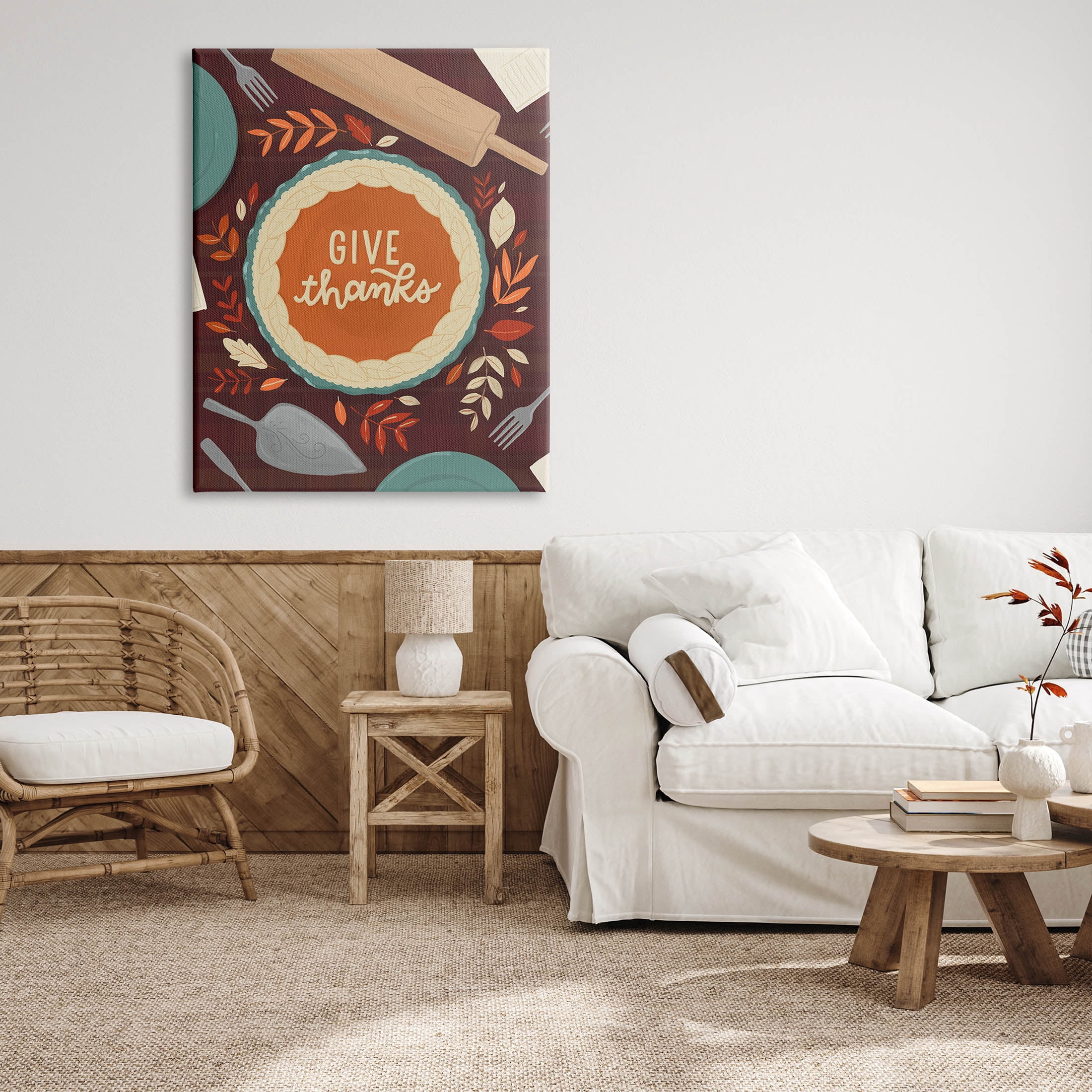 Give Thanks Kitchen Utensils Pattern Holiday Graphic Art Gallery Wrapped Canvas Print Wall Art