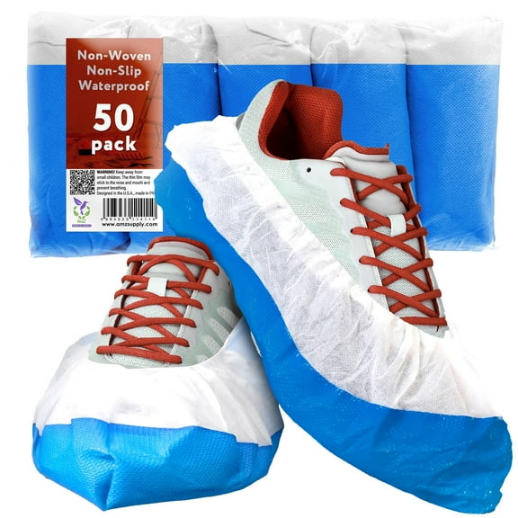 Disposable Shoe Covers for Indoors, 6 x 15 Inches. Pack of 50 White Blue Shoe Covers Disposable Non Slip. CPE Overshoes for Men. Shoes Booties for Women with Double Layer Bottom