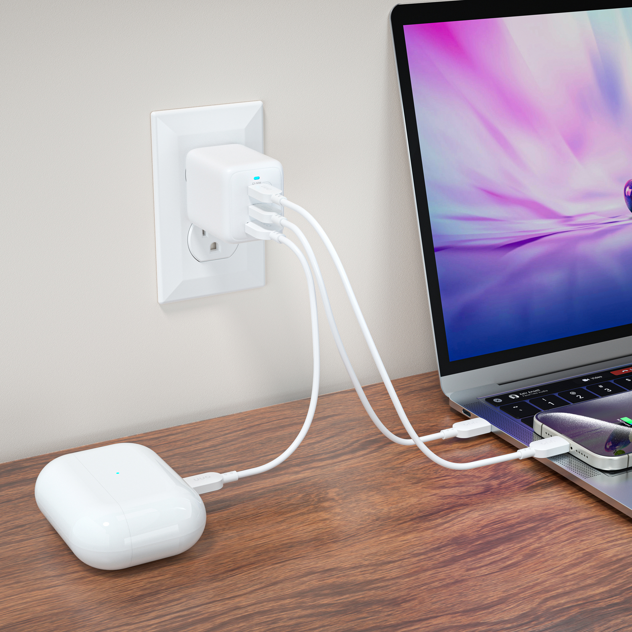 Cargador de pared rápido multipuerto de 62W, USB-C/USB-A, certificado USB-IF, enchufe plegable, blanco 7