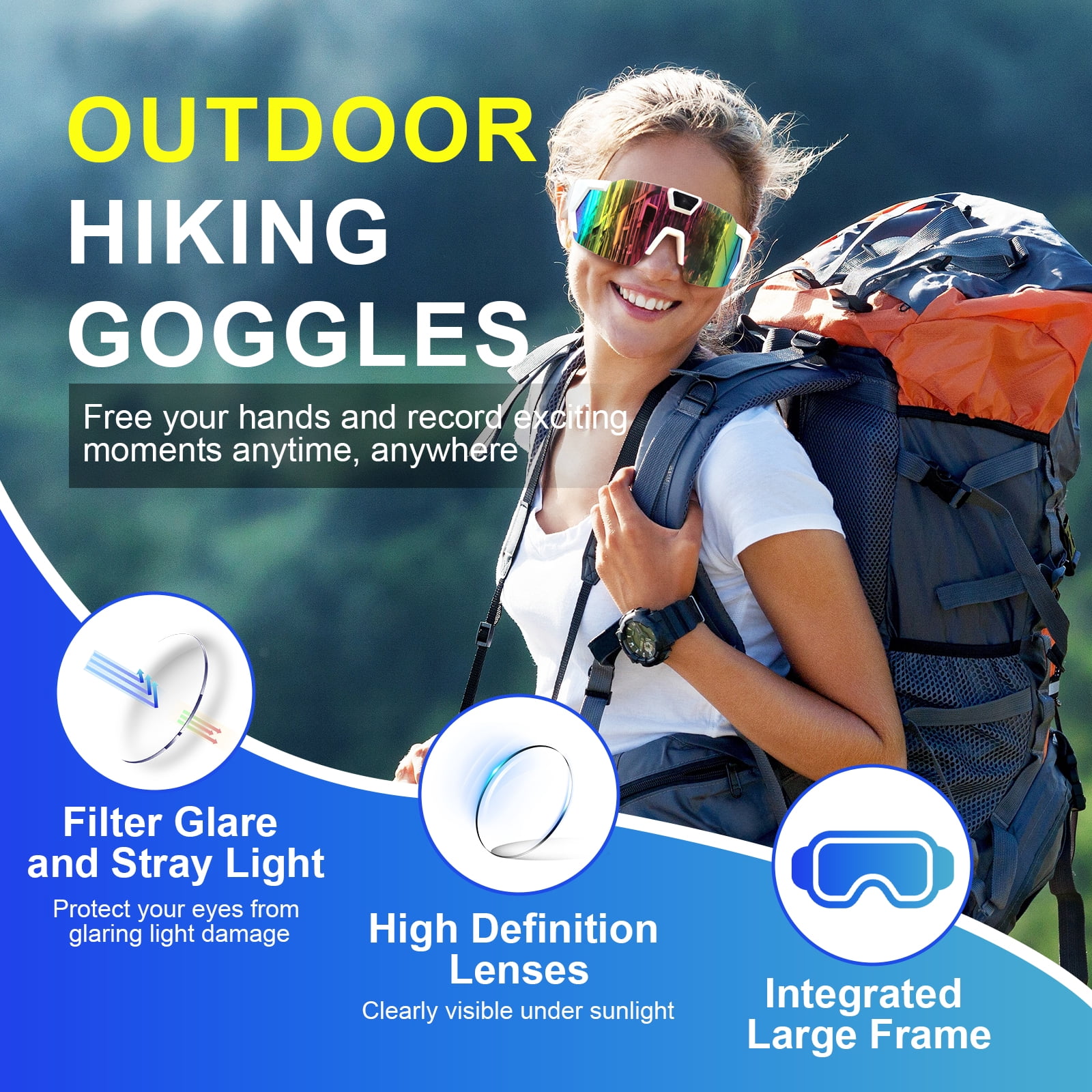 Outdoor Sports Camera Glasses, HD 1080P Video Recording with Anti-Glare Polarized Lens, Wi-Fi Real-Time Preview & Social Media Share, Loop Recording, for Cycling Hiking Water Sports
