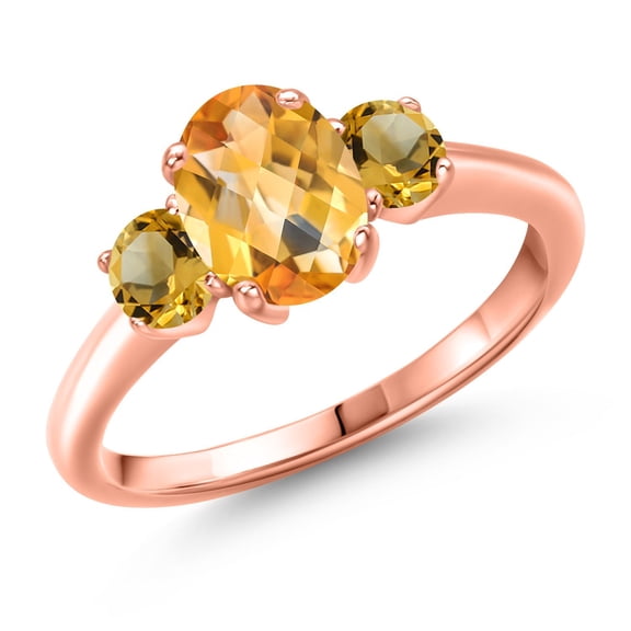 Gem Stone King 1.76 Ct Oval Checkerboard Yellow Citrine 18K Rose Gold Plated Silver Ring