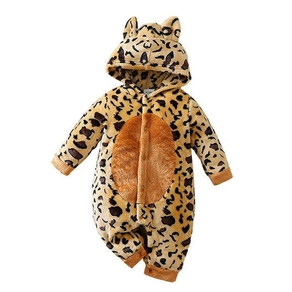 Toddler Boys Flannel Romper Jumpsuit With Hood Leopard Print Lined Warm Indoor Outdoor Fall Winter