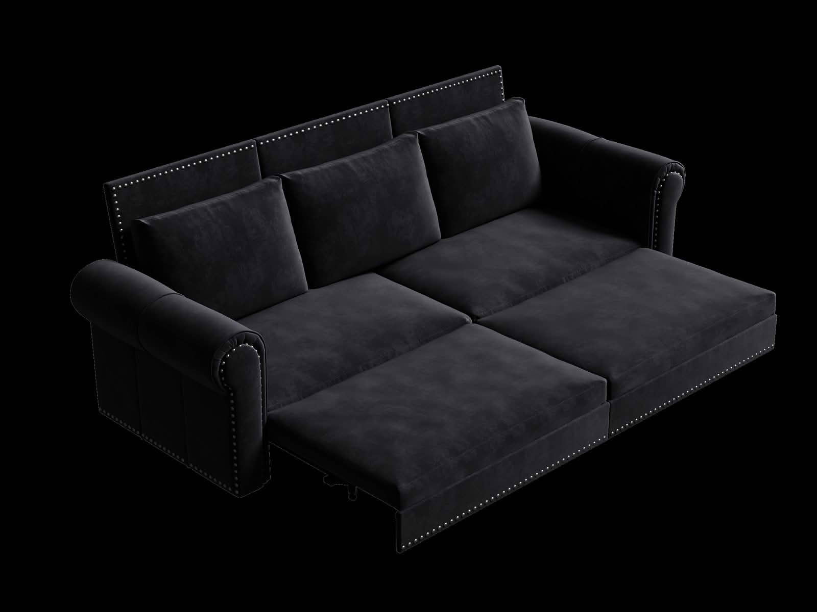 MAYEERTY 93.7" Chesterfield 3‑in‑1 Pull‑Out Sofa Bed, Velvet Sleeper Sofa with Nailhead Trim & Rolled Arms, King Size, 3 Pillows Included