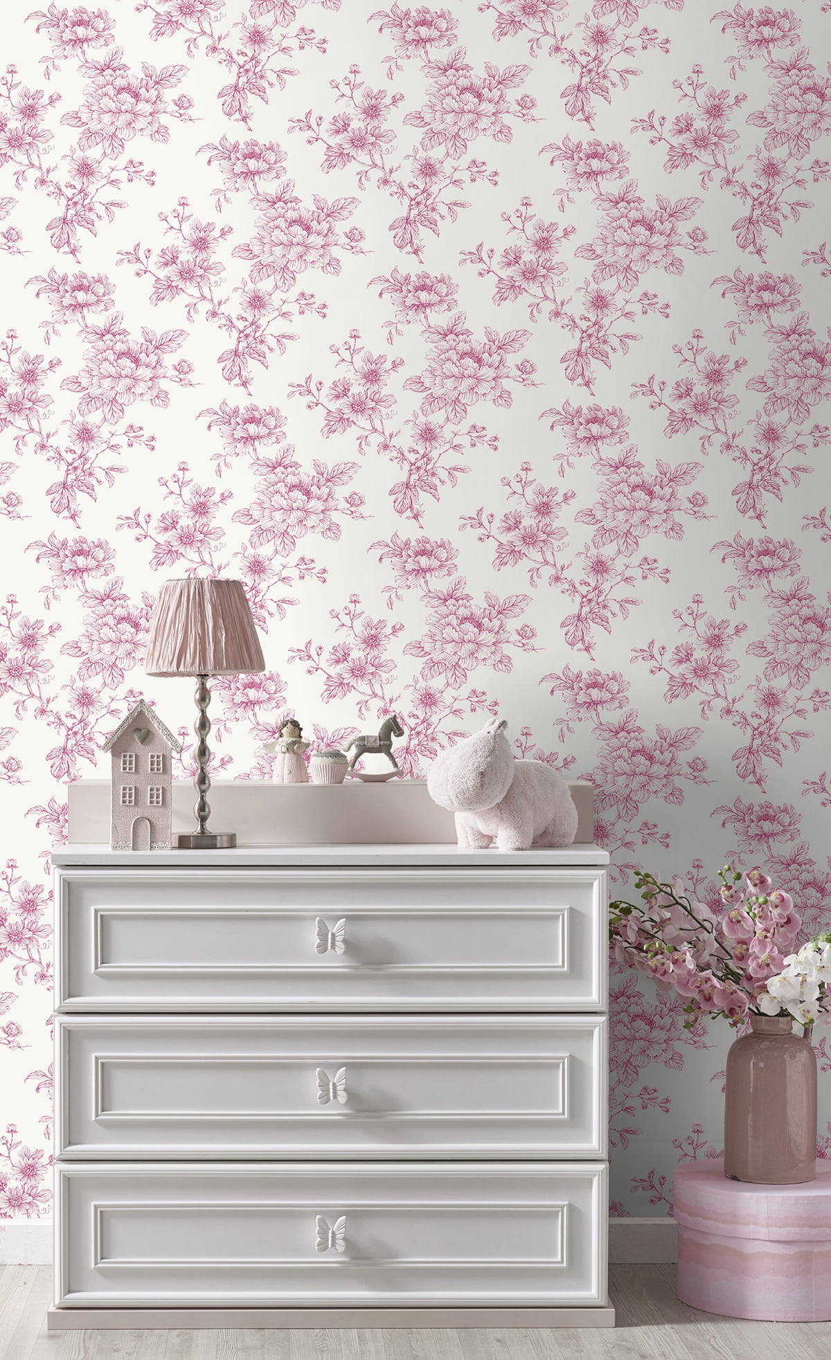 NextWall Pink Sketched Floral Peel and Stick Wallpaper