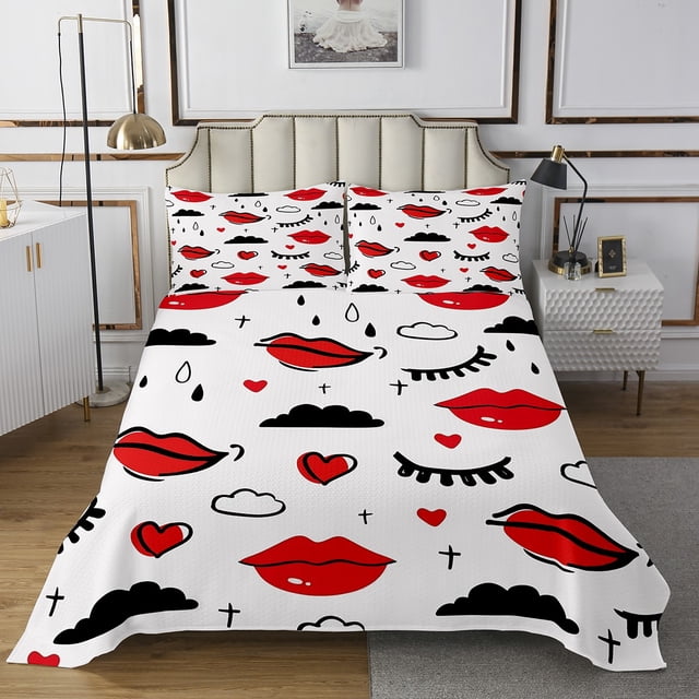 Erosebridal Red Lip Coverlet Set Queen, Cartoon Heart Bedding Set, Valentines Day Gift Decor, 3-Piece