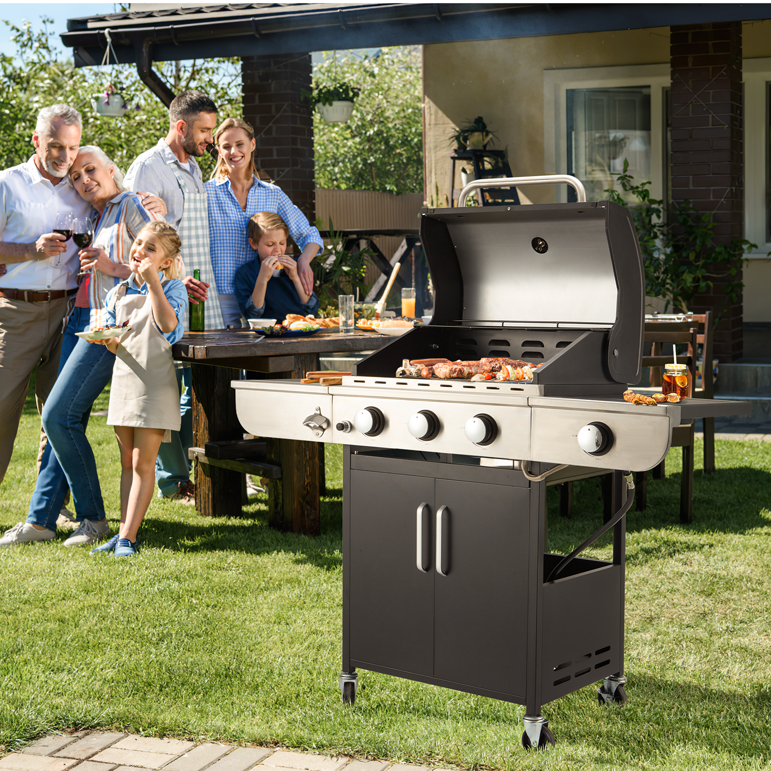 Hommow 3 Burner Gas Grill,24,000 BTU BBQ Propane Grill with Stove and Side Table for Patio Garden