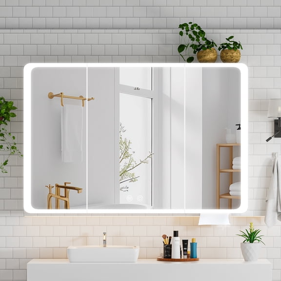 Yamissi Round Corner LED Bathroom Mirror Cabinet, 3-Door Medicine Chest with Paper Hole & Fogless