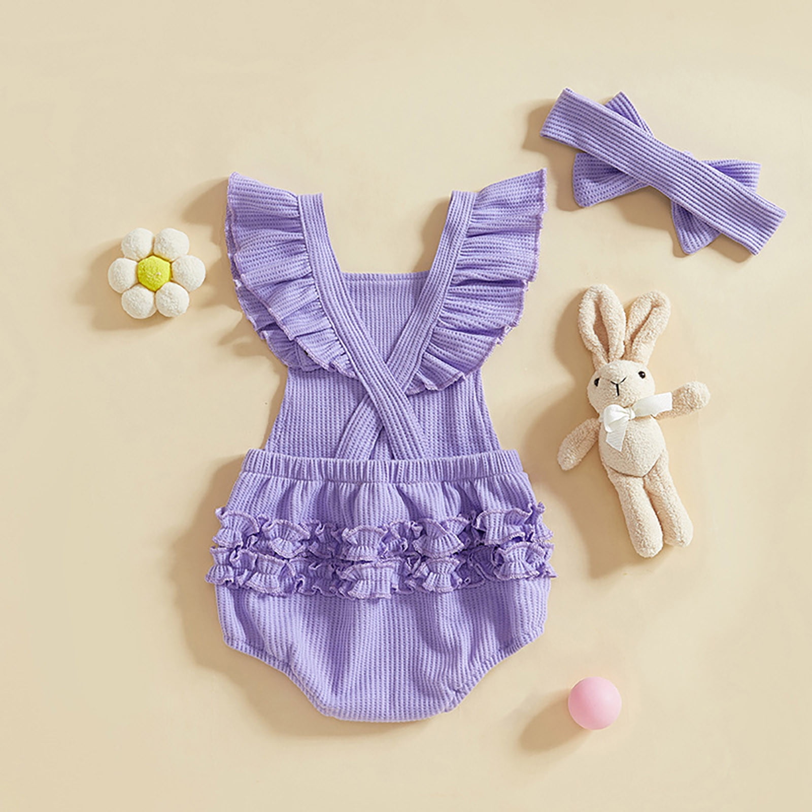 Easter Outfits for Girls Easter Baby Girl Outfit Fly Sleeve Embroidery Romper Bunny Tail Bodysuit Easter Set Baby Easter Outfit 0 Months-3 Months