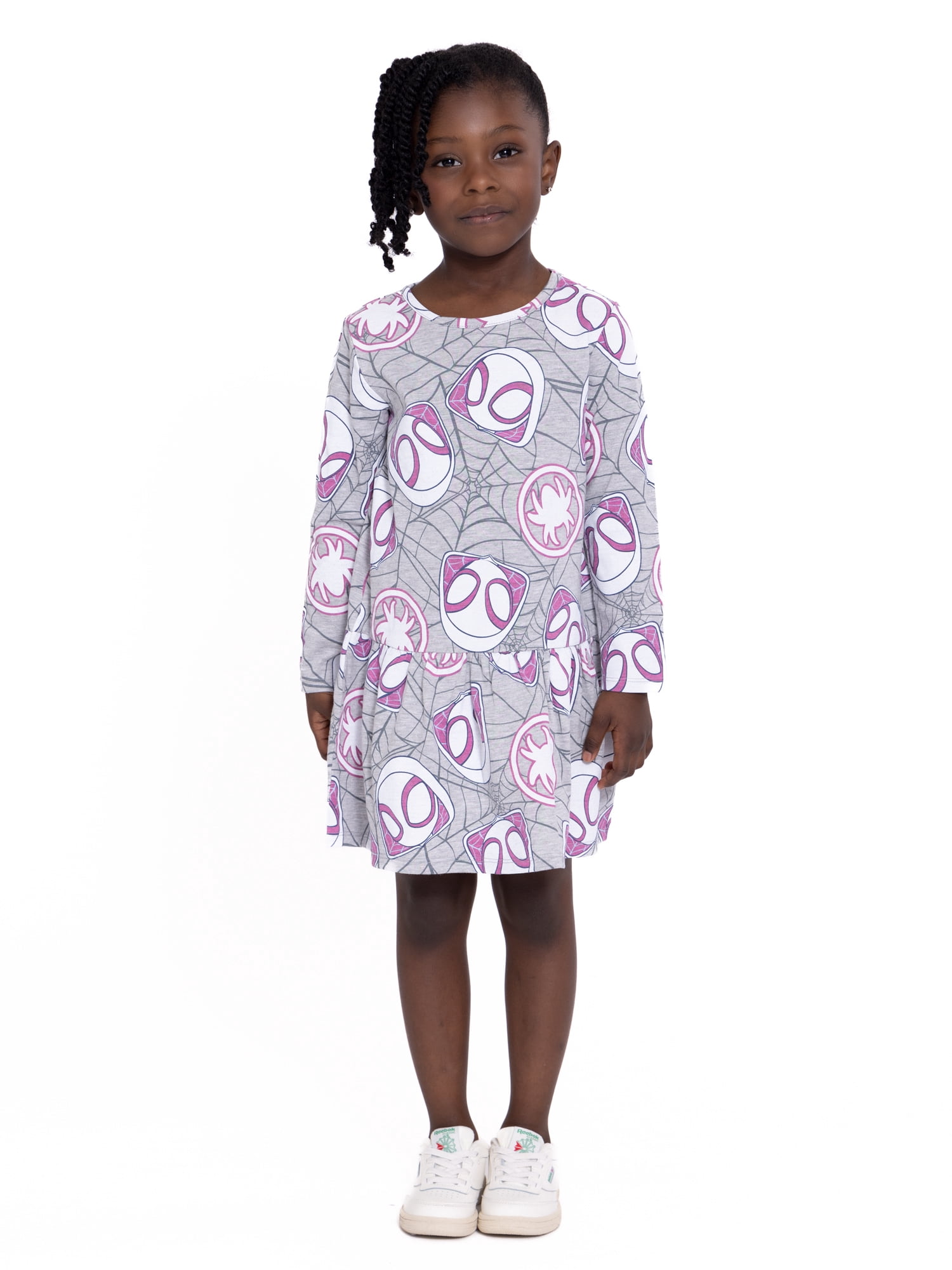 Marvel Ghost Spider Toddler Girl Long Sleeve Drop Waist All Over Print Dress, Sizes 12M-5T