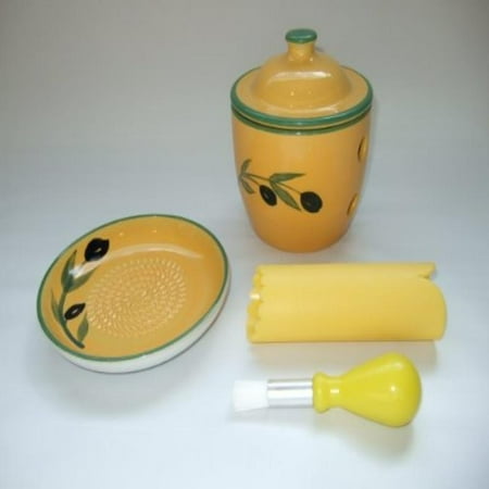 Greeter Set - Cooks Innovations Grater Plate Set With Garlic Keeper, Peeler & Brush - Ceramic With Decorative Hand Painted Olive Design - Yellow & Green