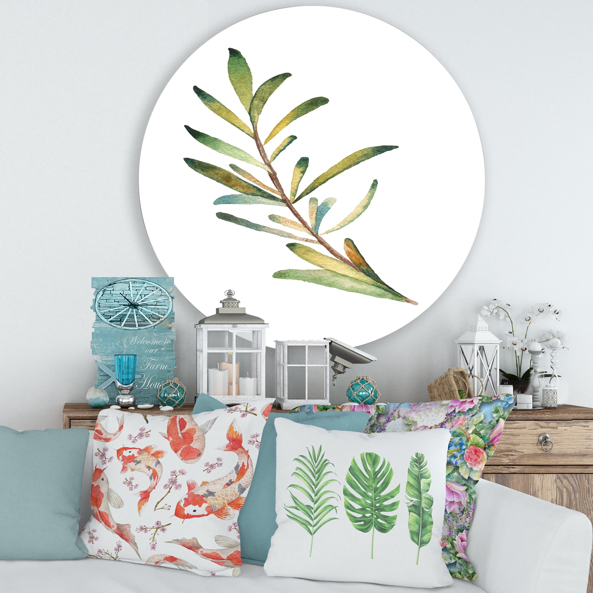 Designart 'Leaf Rosemary Branch on White' Traditional Circle Metal Wall Art 29x29 - Disc of 29