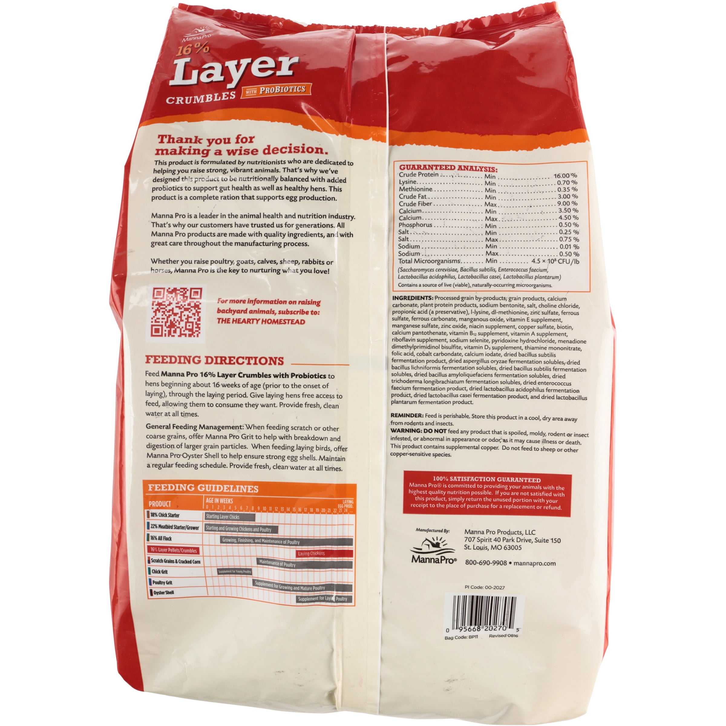 Manna Pro 16% Layer Crumbles Chicken Feed with Probiotics for Laying Hens - 8 lb Bag