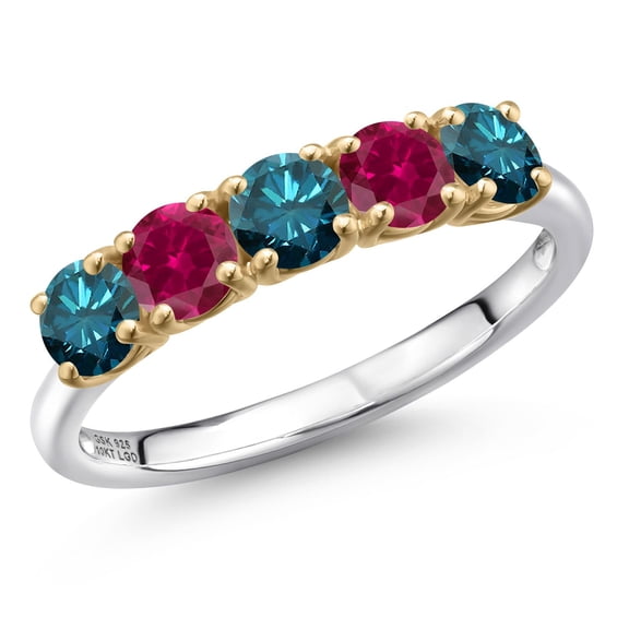 Gem Stone King 925 Silver and 10K Yellow Gold Blue Diamond and Red Created Ruby Wedding-Bands Ring for Women | 1.31 Cttw | Round 4MM | Gemstone April Birthstone | Size 8