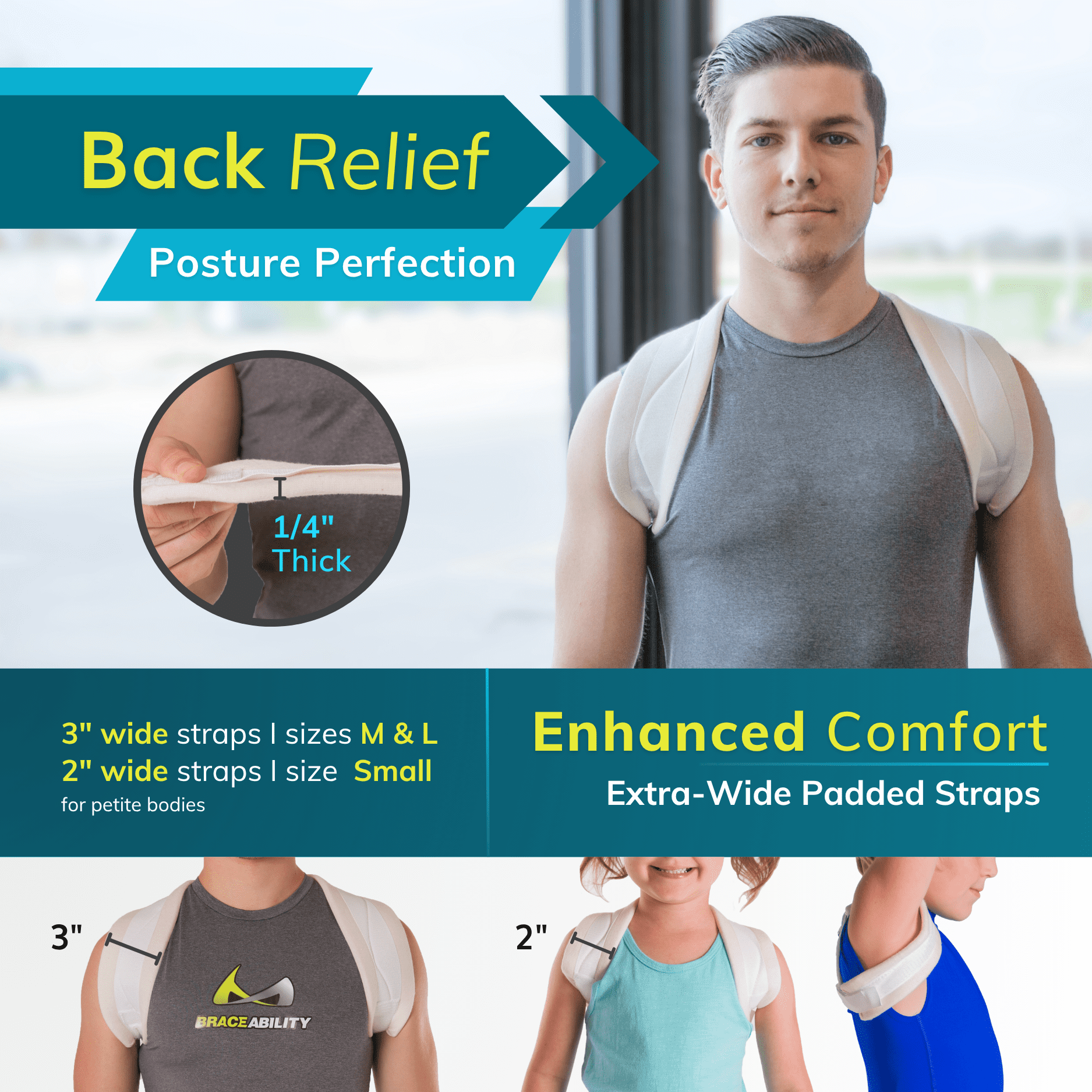 BraceAbility Posture Corrector Brace for Men and Women, Figure 8 Clavicle Support, White, Medium