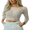 thumbnail image 1 of Women‘s Summer Sheer Mesh Tops Long Sleeve  Neck Rhinestone Slim Fit Crop Tops, 1 of 3