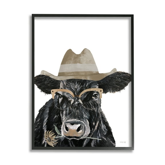 Stupell Industries Cattle in Hat & Glasses Animals & Insects Painting Black Framed Art Print Wall Art, 11 x 14