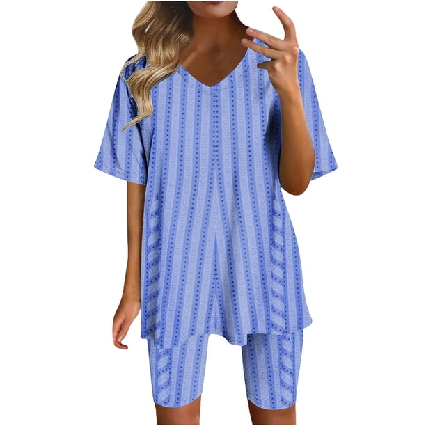 Blusas para las Mujeres Casual Impreso Cuello en V Manga Corta Blusa Pantalones Cortos, Conjuntos de Ropa para las Mujeres