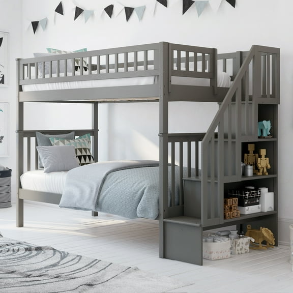 AFI Woodland Twin Over Twin Solid Wood Staircase Bunk Bed, Grey