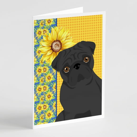 Summer Sunflowers Black Pug Greeting Cards and Envelopes Pack of 8 7 in x 5 in