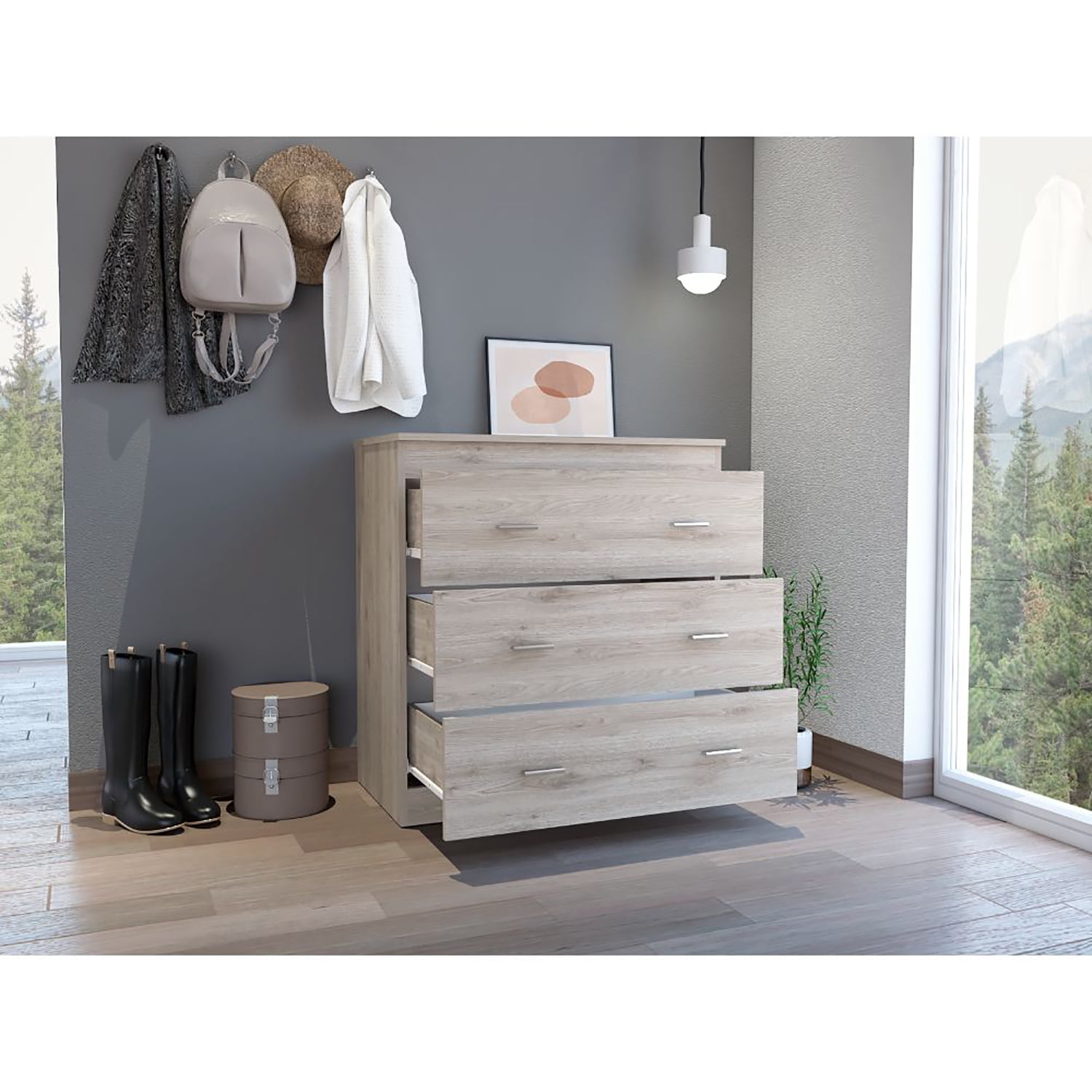 Kadyn Three Drawer Dresser, Nightstand with Handles, Chest of Drawers for Bedroom, Light Gray Kadyn Three Drawer Dresser, Nightstand with Handles, Chest of Drawers for Bedroom, Light Gray