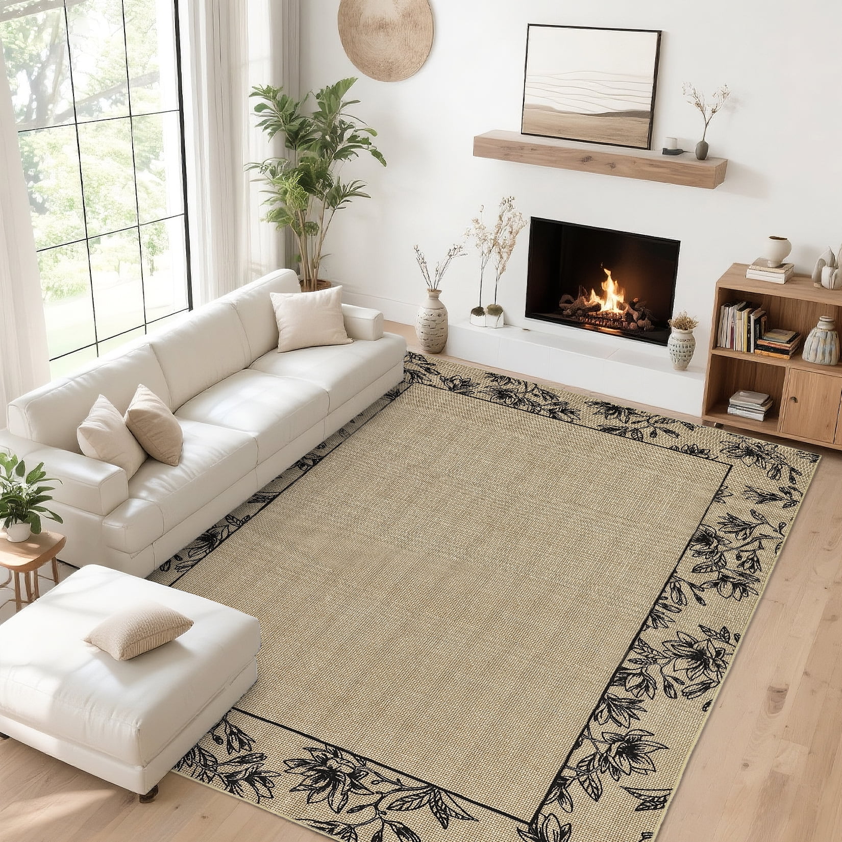 Garvee 5'x7' Solid Floral Area Rugs Modern Bordered Washable Rugs, Soft Non Slip Carpet Low Pile Rug for Living Room Bedroom Home Decor, Linen