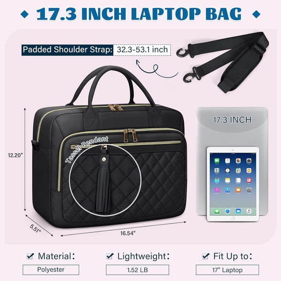 Waterproof Laptop Bag 17.3 Inch Briefcase for Women with Multi-Functional Compartments, Black