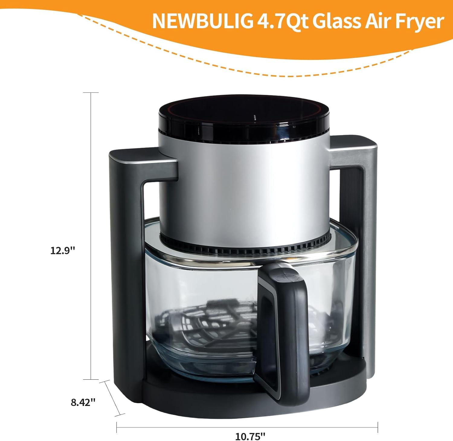 4.7Qt Glass Fryer with 10 Presets, 1300W Wide Temp Range for Healthy Cooking