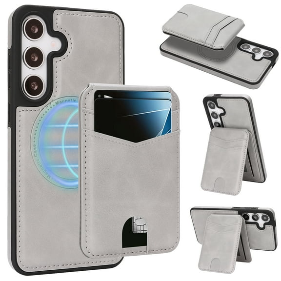 Case for Samsung Galaxy S25, Detachable Magnetic RFID Blocking Card Holder Wallet & Magnetic Back Cover, Business Kickstand PU Leather Shockproof Drop Protective Classic Phone Case, Gray