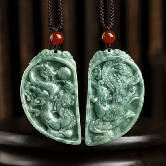 K-KED Natural Grade A Jade Jadeite Couple Green Dragon Phoenix Half Circle Pendant