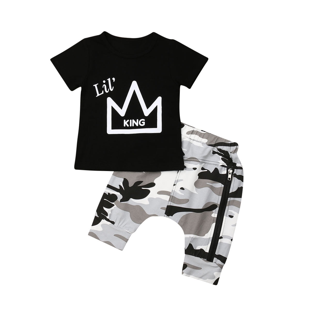 NEW Toddler Kids Baby Boys King Tops T-shirt Camo Pants 2Pcs Outfits Set Clothes 