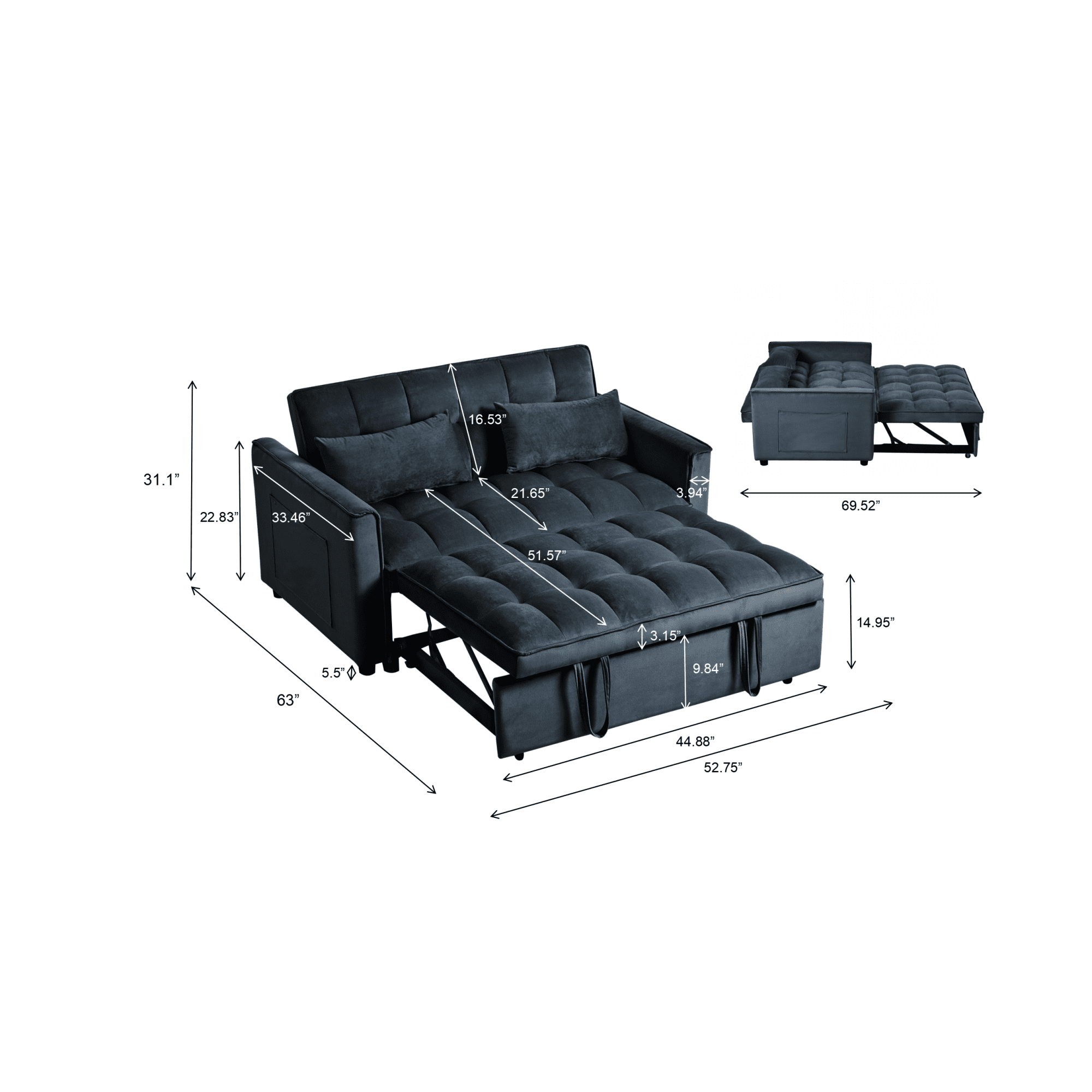 Jopath 3 in 1 Convertible Sofa Bed,Modern Pull Out Couch Slepper Bed with Adjustable Backrest,Velvet Loveseat Couch with Pillows & Pockets for Living Room Apartment Office,Black