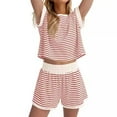 thumbnail image 2 of Pyhlmscde 2 Piece Set Women Striped Short Sleeve Shirts Tops Shorts Matching Sets Summer Casual Pajama Loungewear Suit, Linen Shorts Set,Coord Sets for Women Summer, 2 of 5