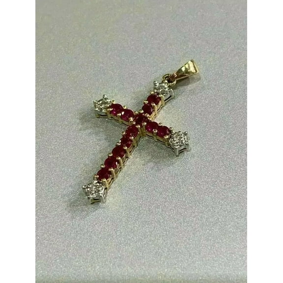 2.20Ct Round Cut Red Ruby & Diamond Cross Pendant Necklace in 14K Yellow Gold Finish