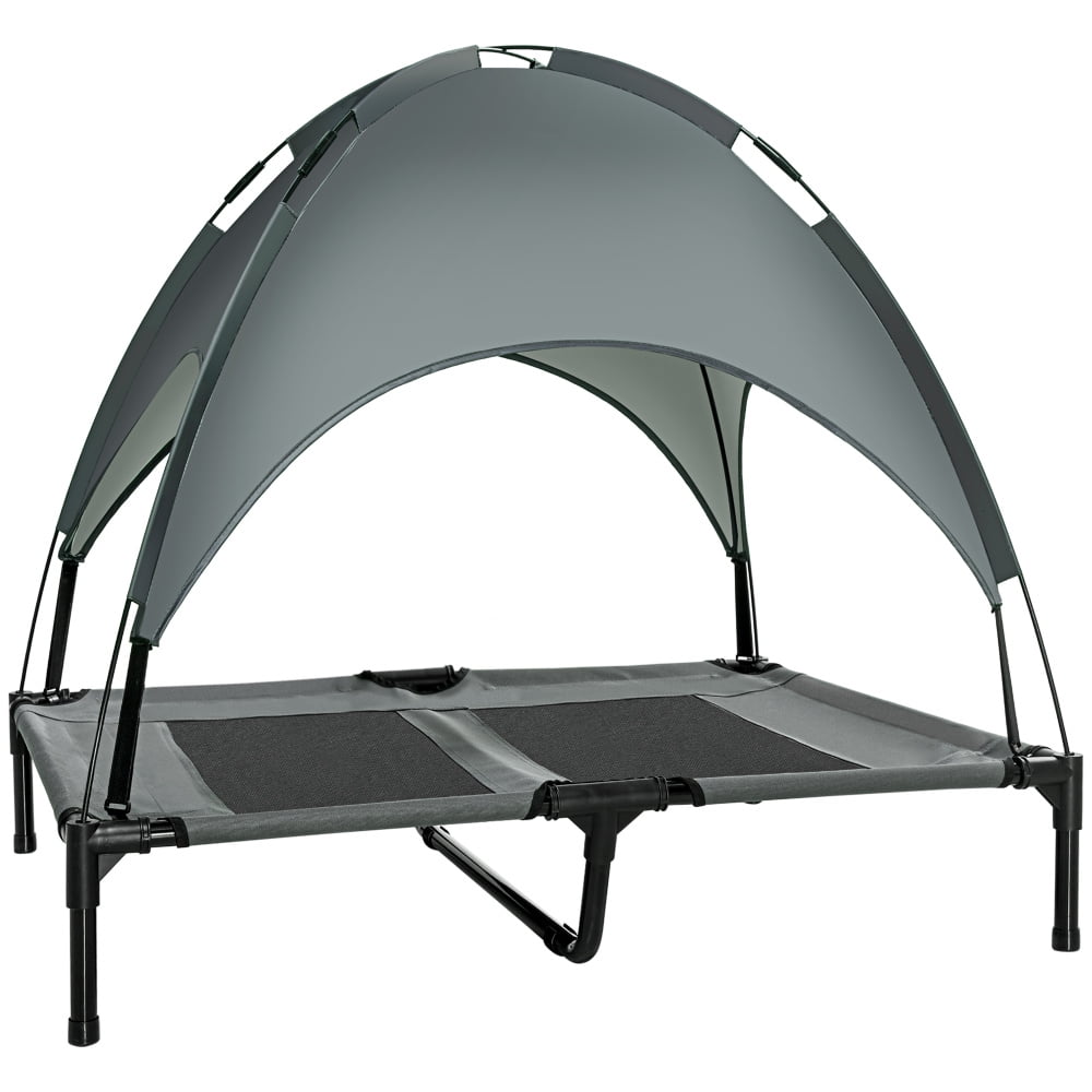 PawHut 36 Inch Gray Elevated Dog Cot Bed with UV Protection Canopy Shade, Breathable Mesh & Powder-Coated Steel Frame