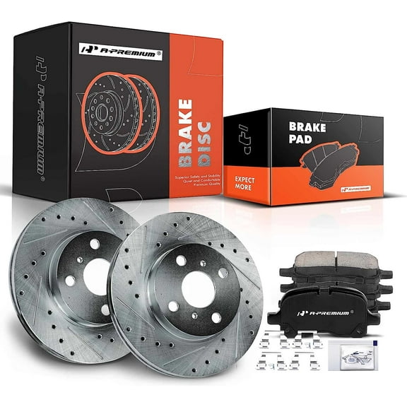 A-Premium 10.03 inch (255mm) Front Drilled and Slotted Disc Brake Rotors   Ceramic Pads Kit Compatible with Select Toyota and Chevrolet - Corolla 1998-2002, Prizm 1998-2002, L4 1.8L