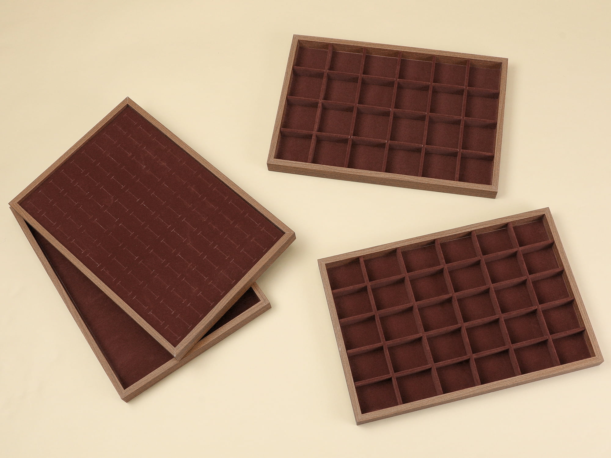 Unique Bargains Velvet Jewelry Organizers Trays with Removable Dividers Brown 30 Grid Tray