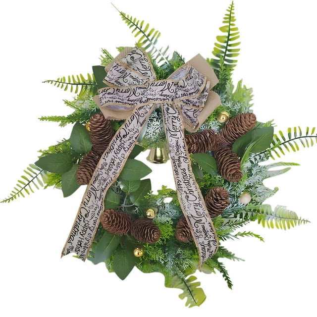 Corona de pino perenne, vegetación artificial, guirnalda navideña de cedro natural de tacto real con lazo, decoración para puerta de entrada, pared y ventana, decoración navideña de 8 pulgadas