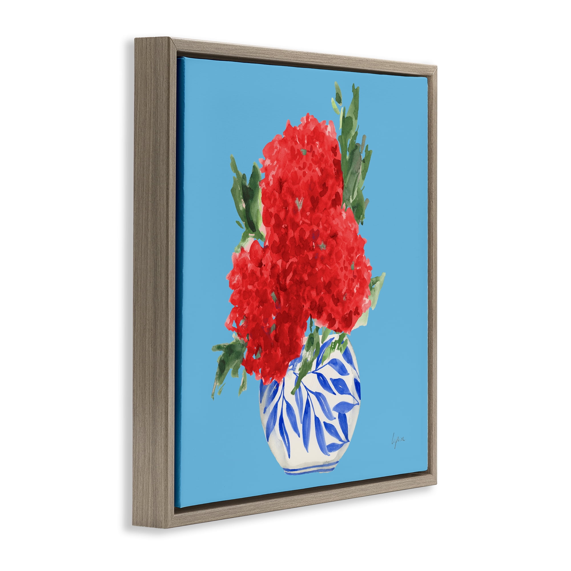 Stupell Industries Red Hydrangeas Blue Vase Brown Framed Floater Canvas Wall Art, design by Lucille Price