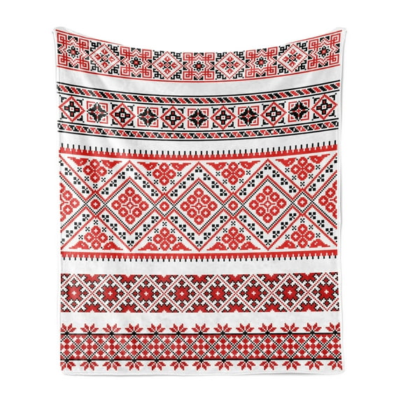 Art Soft Flannel Fleece Blanket, Traditional Ukrainian Borders Frames Ornaments Old Fashioned Cultural Motifs, Cozy Plush for Indoor and Outdoor Use, 50" x 60", Vermilion Black White, by Ambesonne