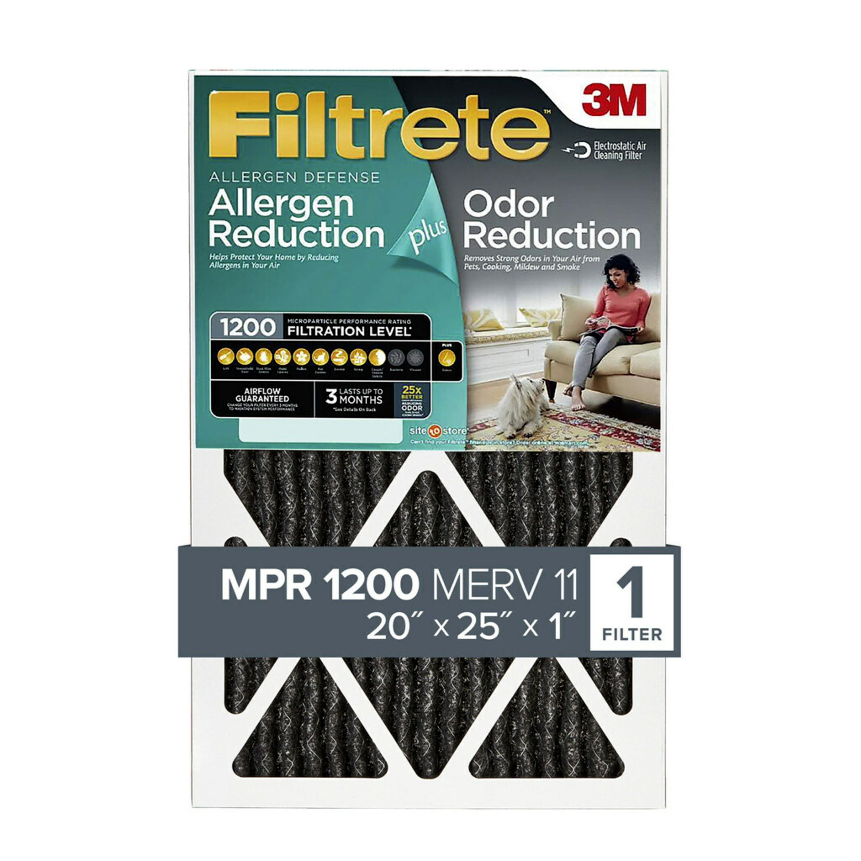 Filtrete by 3M, 20x25x1, MERV 11, Allergen Plus Odor Reduction HVAC Furnace Air Filter, Captures Pet Dander, Pollen and Traps Odors, 1200 MPR, 1 Filter